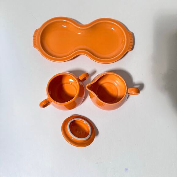 Vintage Fiestaware Sugar & Creamer Tray 4- Piece Set in Retired Tangerine Orange - Picture 2 of 9